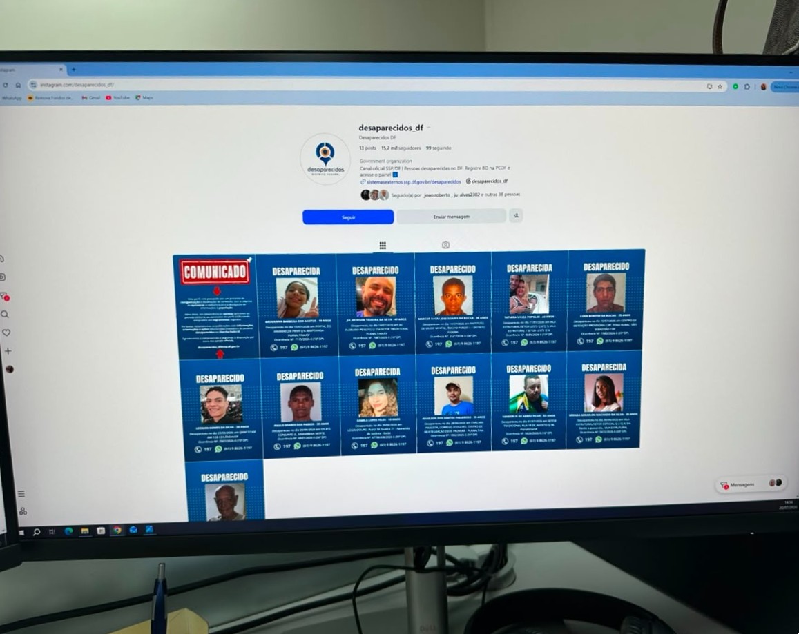 Tela de computador mostra o perfil oficial de pessoas desaparecidas no DF