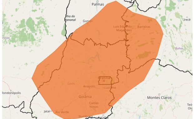 Mapa mostra área de alerta de baixa umidade sobre o Distrito Federal e estados do Centro-Oeste