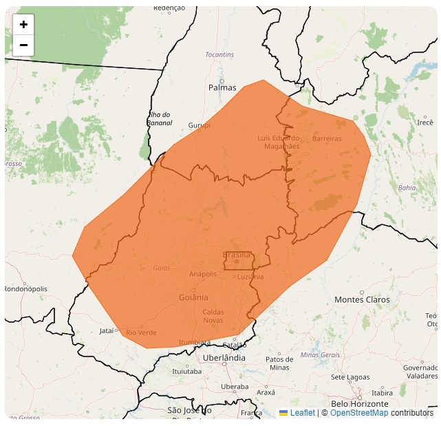 Mapa mostra área de alerta de baixa umidade sobre o Distrito Federal e estados do Centro-Oeste