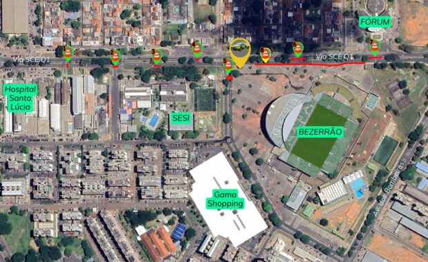 Mapa mostra os pontos de bloqueio na Via SCE Q1 e no entorno do Estádio Bezerrão