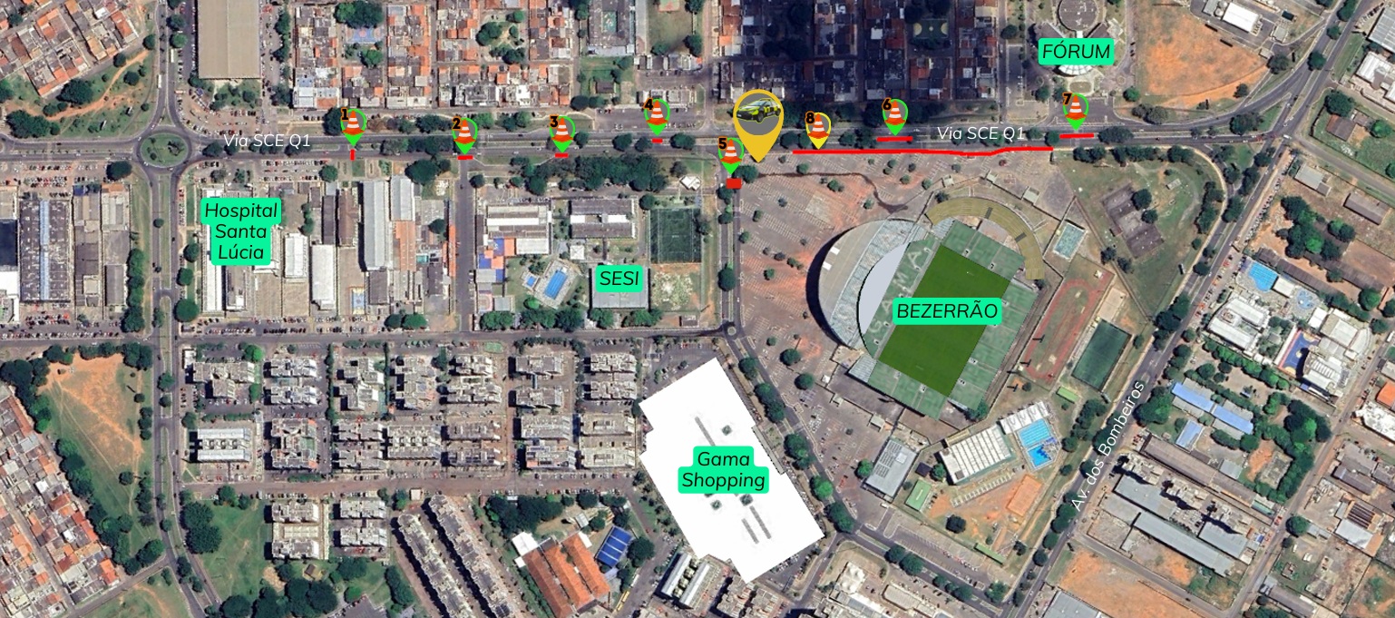 Mapa mostra os pontos de bloqueio na Via SCE Q1 e no entorno do Estádio Bezerrão