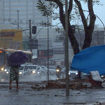 Pedestre com guarda-chuva caminha ao lado de veículos durante chuva intensa no Distrito Federal